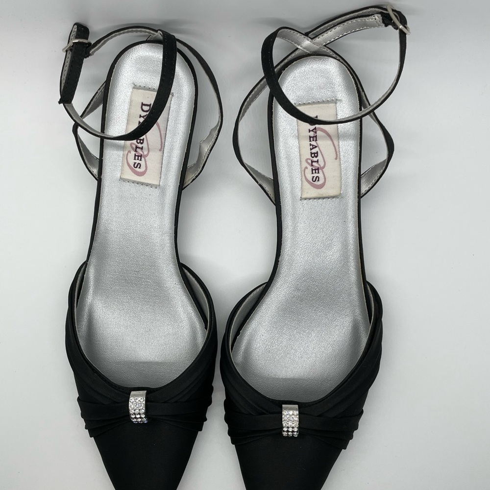 Black Satin Ankle Strap Shoes with Rhinestone Embellishment